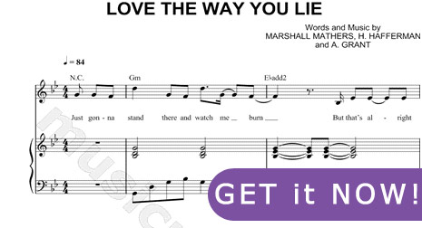 Eminem Rihanna Love The Way You Lie Sheet Music, piano notation, score, tabs