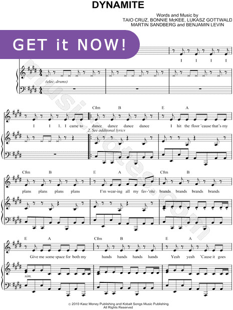 Taio Cruz, Dynamite Sheet Music, piano notation, chords, download