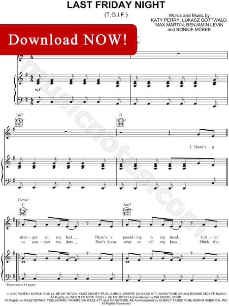 katy perry, last friday night sheet music, TGIF, notation