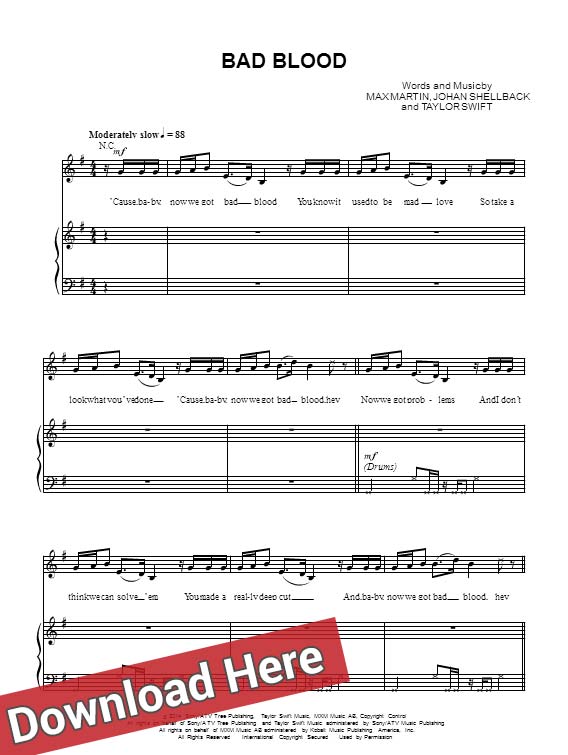 taylor swift, bad blood, sheet music, piano notes, score, chords, download, instrument