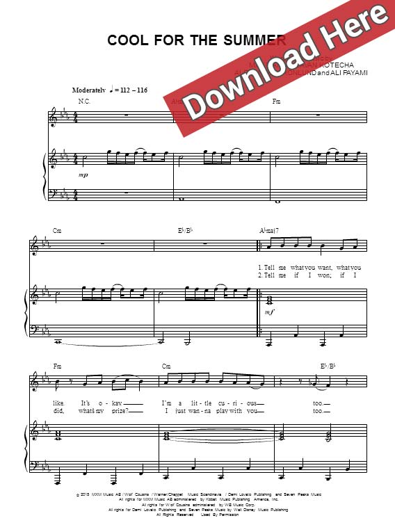 demi lovato, cool for the summer, sheet music, piano, notes, score, download, play