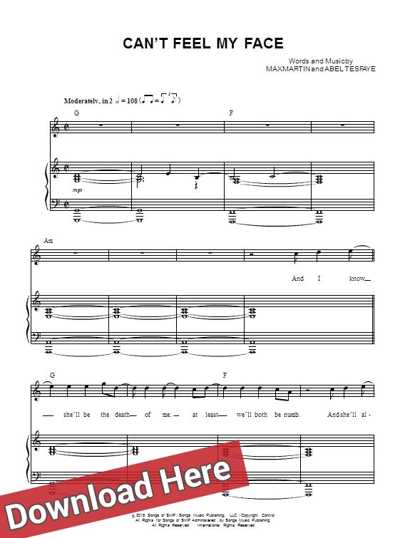 the weeknd, can't feel my face, sheet music, piano notes, score, chord, download, free