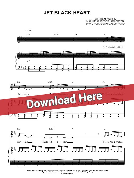 5 seconds of summer, jet black heart, sheet music, piano, notes, score, chords, download, how to play, guitar, tabs, klavier, partition