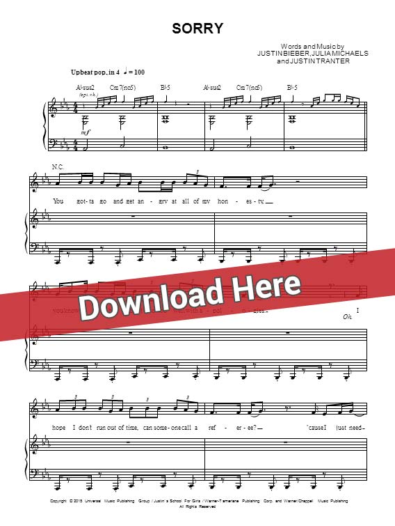 justin bieber, sorry, sheet music, piano notes, score, chords, download, how to play, klavier, noten, partition, guitar, tabs