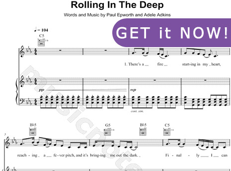 Adele, Rolling In The Deep, Sheet Music, piano notation, score, tabs
