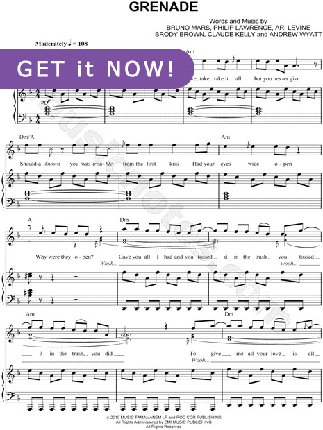 Bruno Mars, Grenade Sheet Music, notation, score, learn to play, how to play on piano