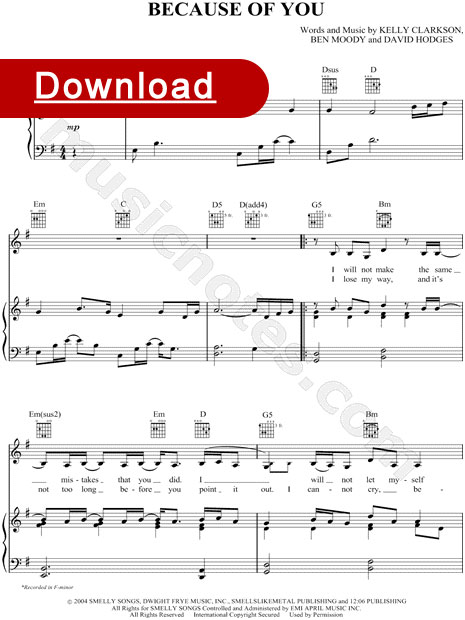 Kelly Clarkson, Because of You sheet music, piano notation, score