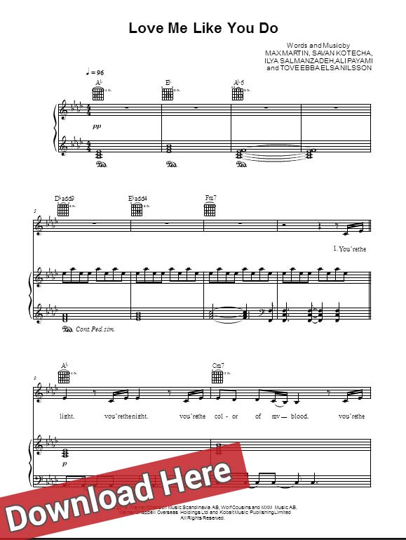 ellie goulding, love me like you do, sheet music, piano notes, score, chords