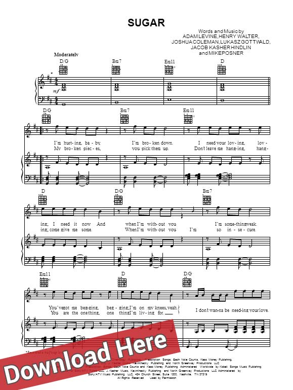 maroon 5, sugar, sheet music, piano notes, score, chords