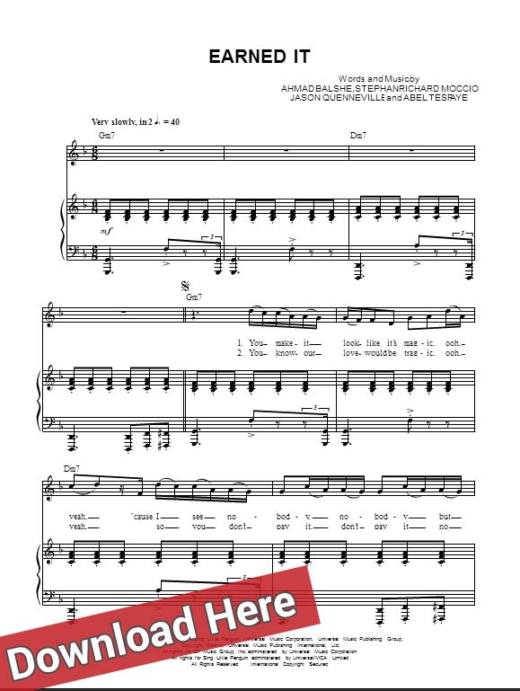 the weeknd, earned it, sheet music, piano notes, download