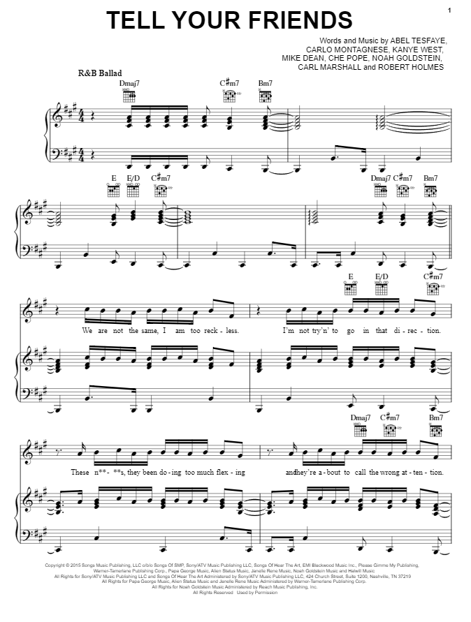 The Weeknd Tell Your Friends Piano Sheet Music