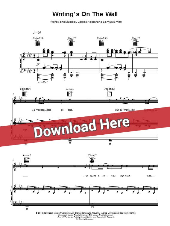 sam smith, writing's on the wall, sheet music, piano notes, score, chords, download, keyboard, guitar, tabs, klavier, noten, partition