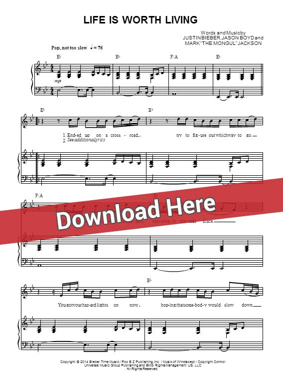 justin bieber, life is worth living, sheet music, piano notes, score, chords, download, keyboard, guitar, bass, partition, klavier, noten, how to play learn