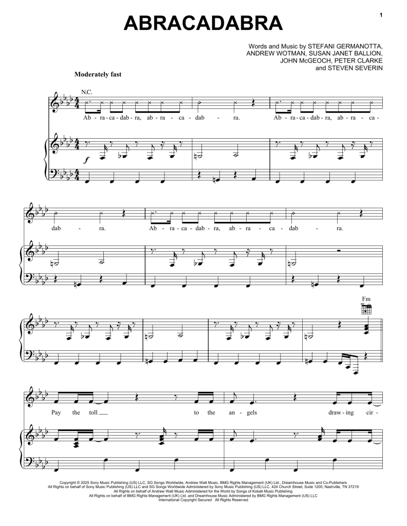Lady Gaga Abracadabra Sheet Music Download Piano & Guitar PDF