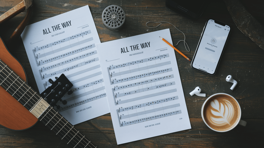 Flat lay of “All The Way” sheet music and guitar practice tools