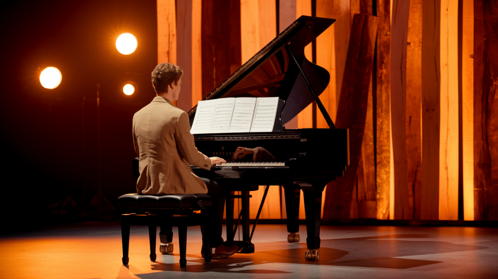 Country musician practicing Morgan Wallen's What I Want on piano using printed sheet music.