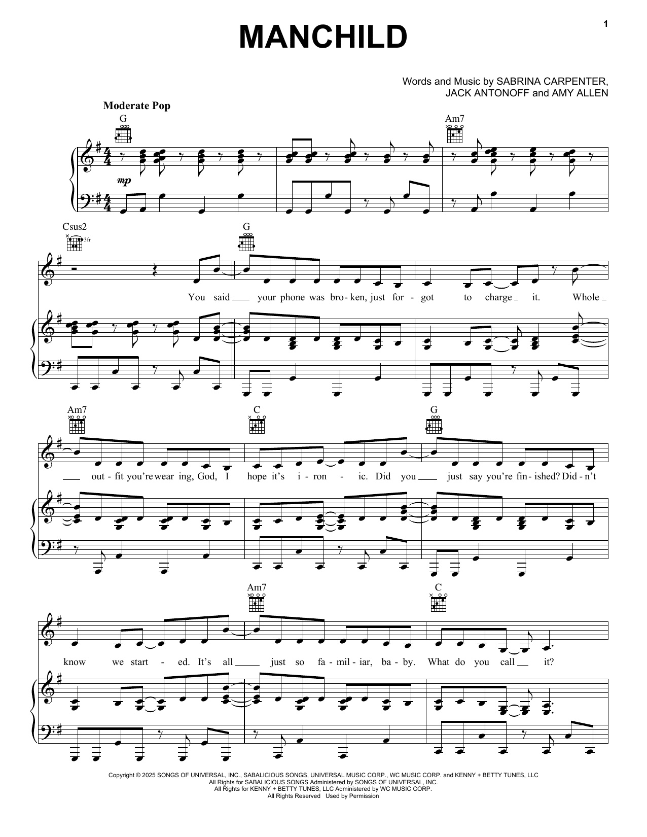 Learn How to Play Manchild Sheet Music PDF for Piano by Sabrina Carpenter