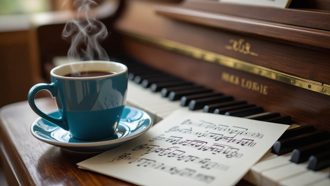 Sheet music and coffee cup on wooden piano bench in cozy setting