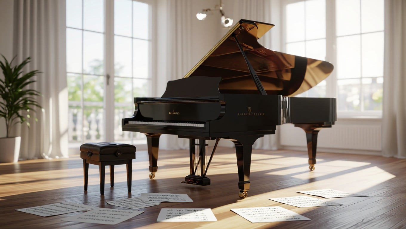 Modern grand piano in a sunlit studio with trending pop sheet music on the floor